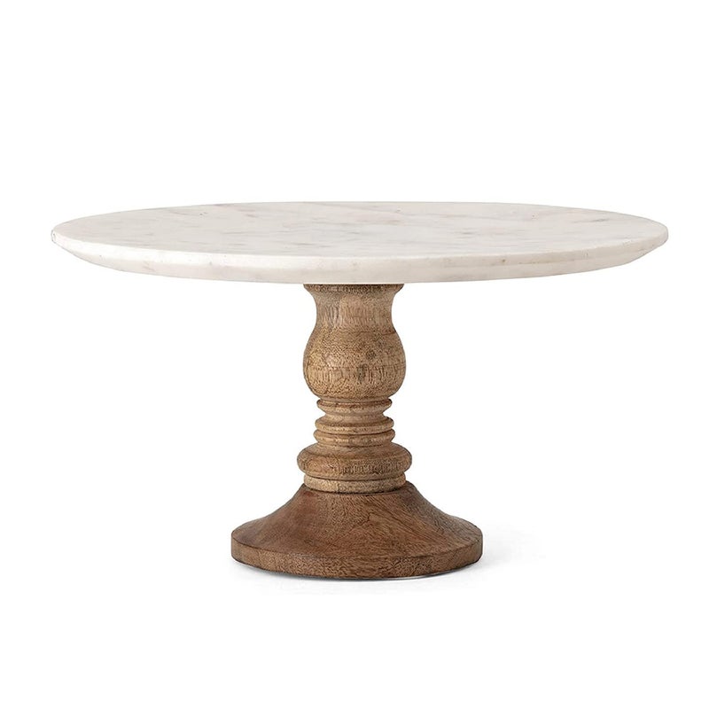 IMAX Lissa Marble Cake Stand in White â€“ Handcrafted Cake Pedestal, Marble and Mango Wood Display Table for Presenting Cakes, Pastries, Desserts. Cake Stands - Image 1